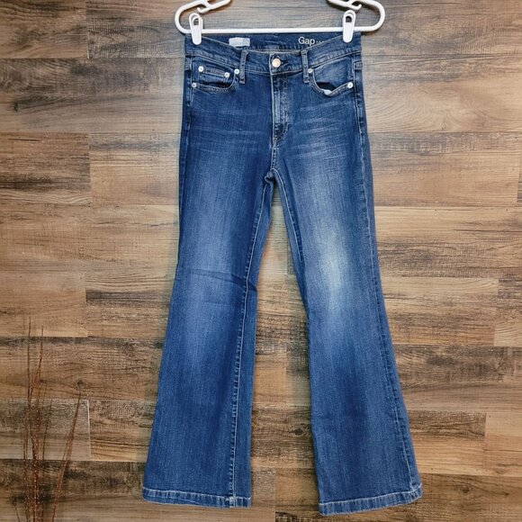 GAP 1969 Jeans 27 S Authentic Flare Low Dazed Medium Dark Wash Stretch - Picture 1 of 10